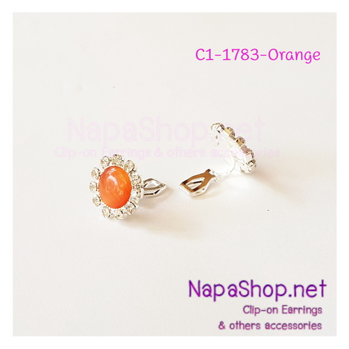 C1-1783-orange ต่างหูหนีบ เพชรล้อมลูกปัดหินตาแมวสีส้ม