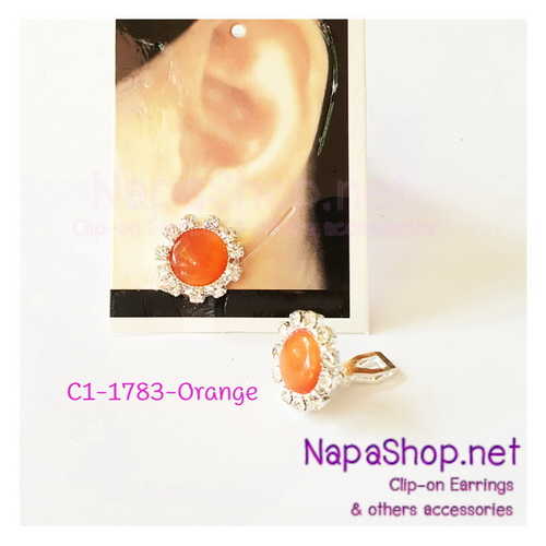 C1-1783-orange ต่างหูหนีบ เพชรล้อมลูกปัดหินตาแมวสีส้ม