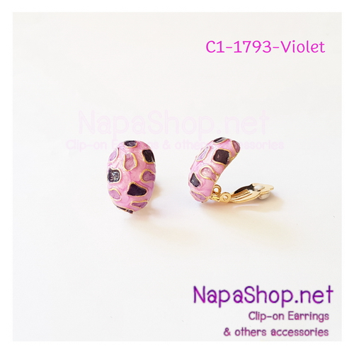 C1-1793-violet ต่างหูหนีบ ทรงรี ลายเก๋ๆ สีม่วง