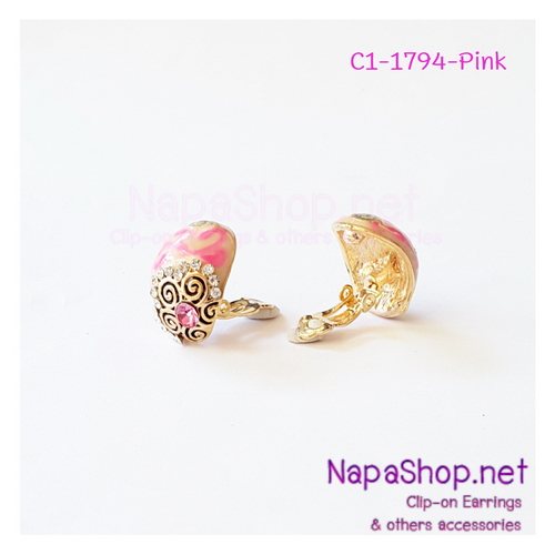 C1-1794-pink ต่างหูหนีบ ทรงรี ลายดอกไม้ติดพลอย (สีชมพู)