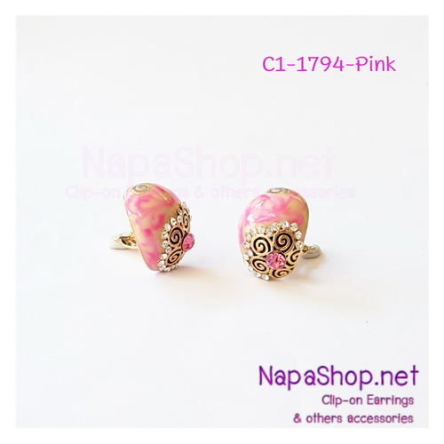 C1-1794-pink ต่างหูหนีบ ทรงรี ลายดอกไม้ติดพลอย (สีชมพู)