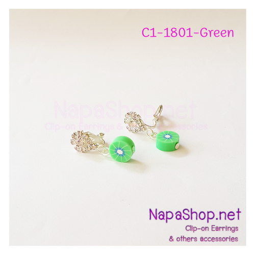 C1-1801-green ต่างหูหนีบ เพชรล้อมเพชร ห้อยลูกปัดผลไม้(สีเขียว)